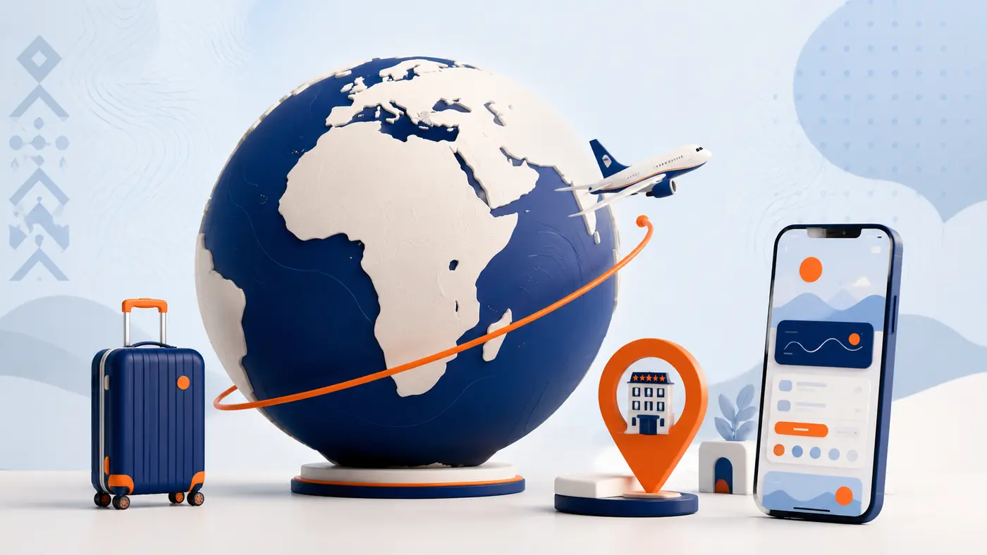 3D travel-planning scene with an Africa-centred globe, aircraft route, hotel marker, luggage and mobile travel tools